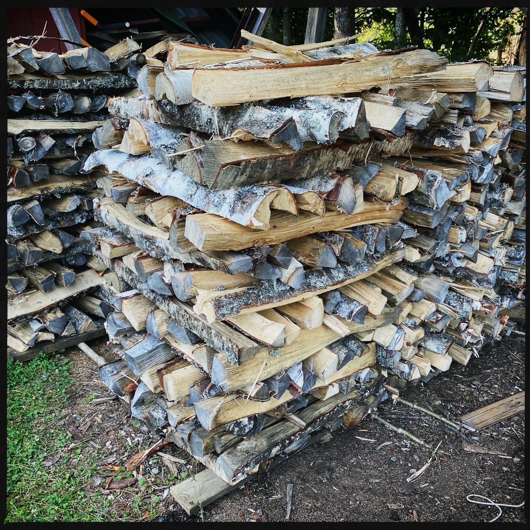 A neatly stacked pile of chopped firewood, consisting of split logs with bark, arranged outdoors on a wooden base. The ground around the stack has small pieces of wood and bark debris. The background shows another stack of firewood and greenery.